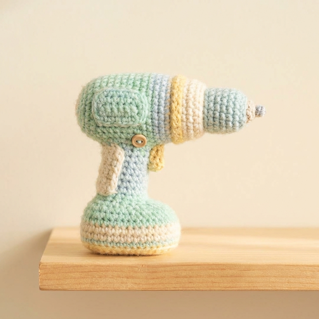 Crocheted power drill in pastel yarns on a wooden shelf — a soft, handmade take on a power tool